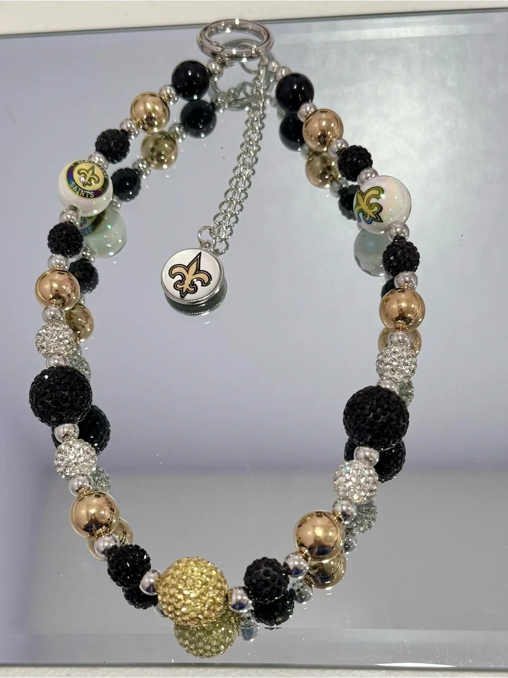 New Orleans Fleur-de-Lis Beaded Phone Charm - Black & Gold